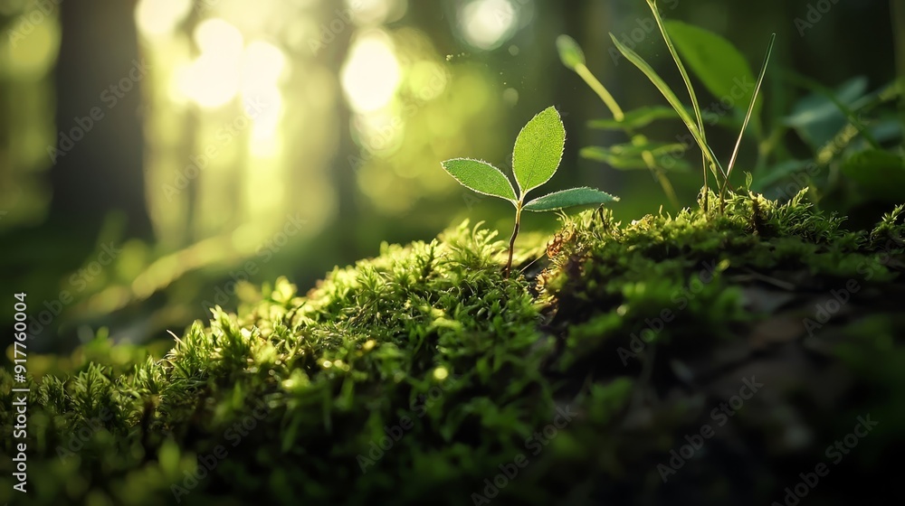 A small plant emerges from the moss covering a tree stump, bathed in sunlight filtering through the forest canopy A small plant emerges from the moss covering a tree stump, bathed in sunlight filtering through the forest canopy