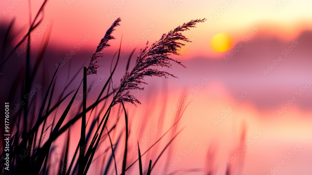A tight shot of a plant by a water body as the sun sets in the backdrop A tight shot of a plant by a water body as the sun sets in the backdrop