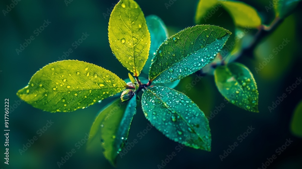 A tight shot of a wet, emerald leaf with drops cascading down, surrounded by a softly blurred backdrop of similar leaves and water droplets A tight shot of a wet, emerald leaf with drops cascading down, surrounded by a softly blurred backdrop of similar leaves and water droplets