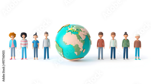 3D Flat Icon People with Earth Environmental Impact Reports Concept Group Reviewing Reports Earth Model Fantastical Background Magical Creative Approach Isolated White Background