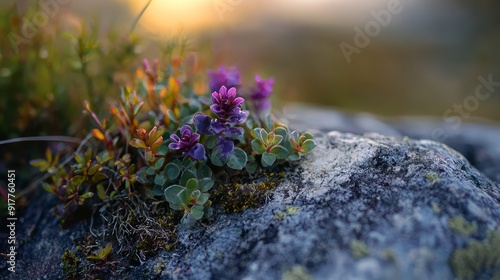  A tight shot of a plant rooted on a rock, with grass and blossoms sprouting from its crevices