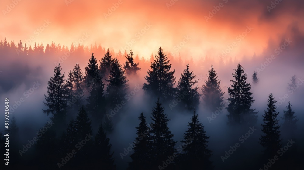 A forest teeming with tall trees beneath a pink and orange sunset shrouded in fog No smog mentioned, so let's keep it clear A forest teeming with tall trees beneath a pink and orange sunset shrouded in fog No smog mentioned, so let's keep it clear