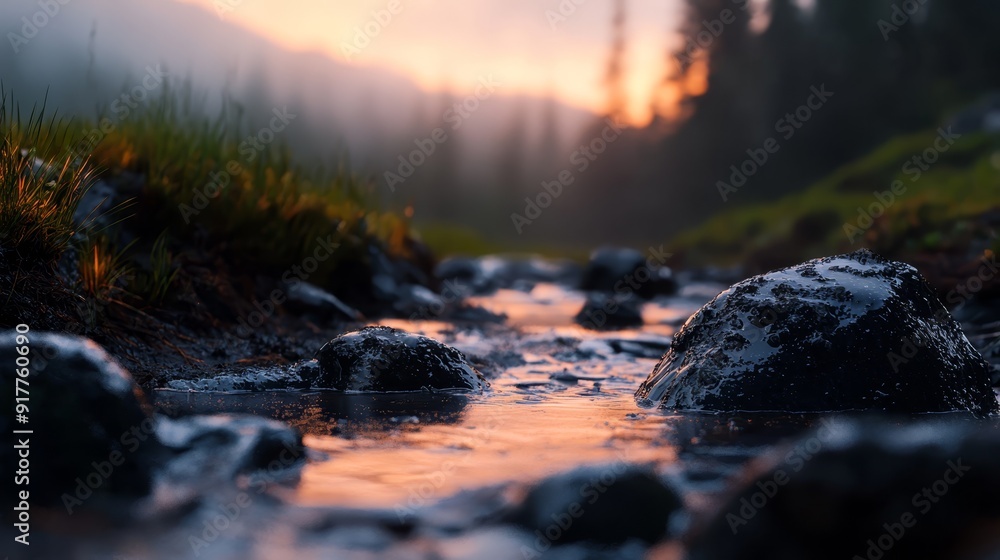A forested stream, rich in grass and dotted with rocks, winds through fog-covered landscape A forested stream, rich in grass and dotted with rocks, winds through fog-covered landscape