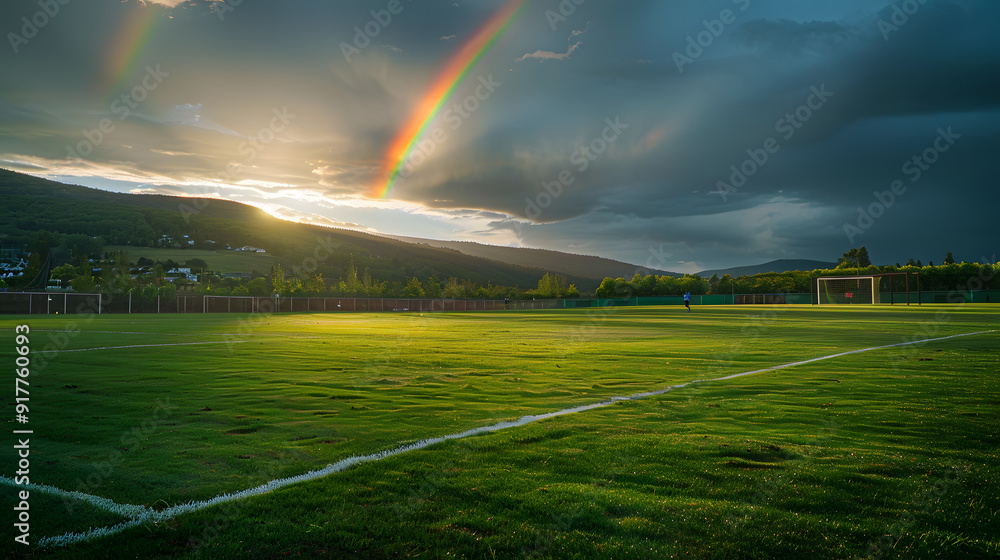 A rainbow is seen in the sky above a soccer field A rainbow is seen in the sky above a soccer field