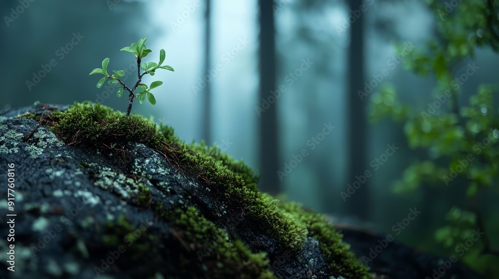 A tiny plant emerges from the moss covering a rock, nestled in the heart of a misty forest A tiny plant emerges from the moss covering a rock, nestled in the heart of a misty forest