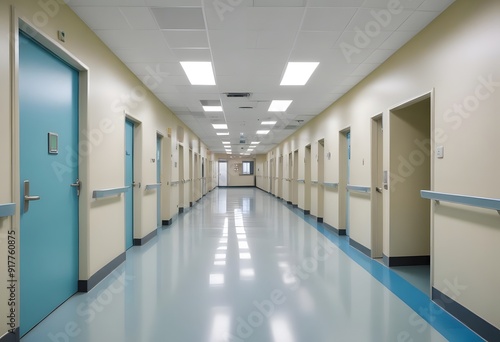 Hospital corridor in hospital. A long, empty hospital corridor with white walls, green trim, and a tiled blue floor. The corridor is well-lit by overhead fluorescent lights