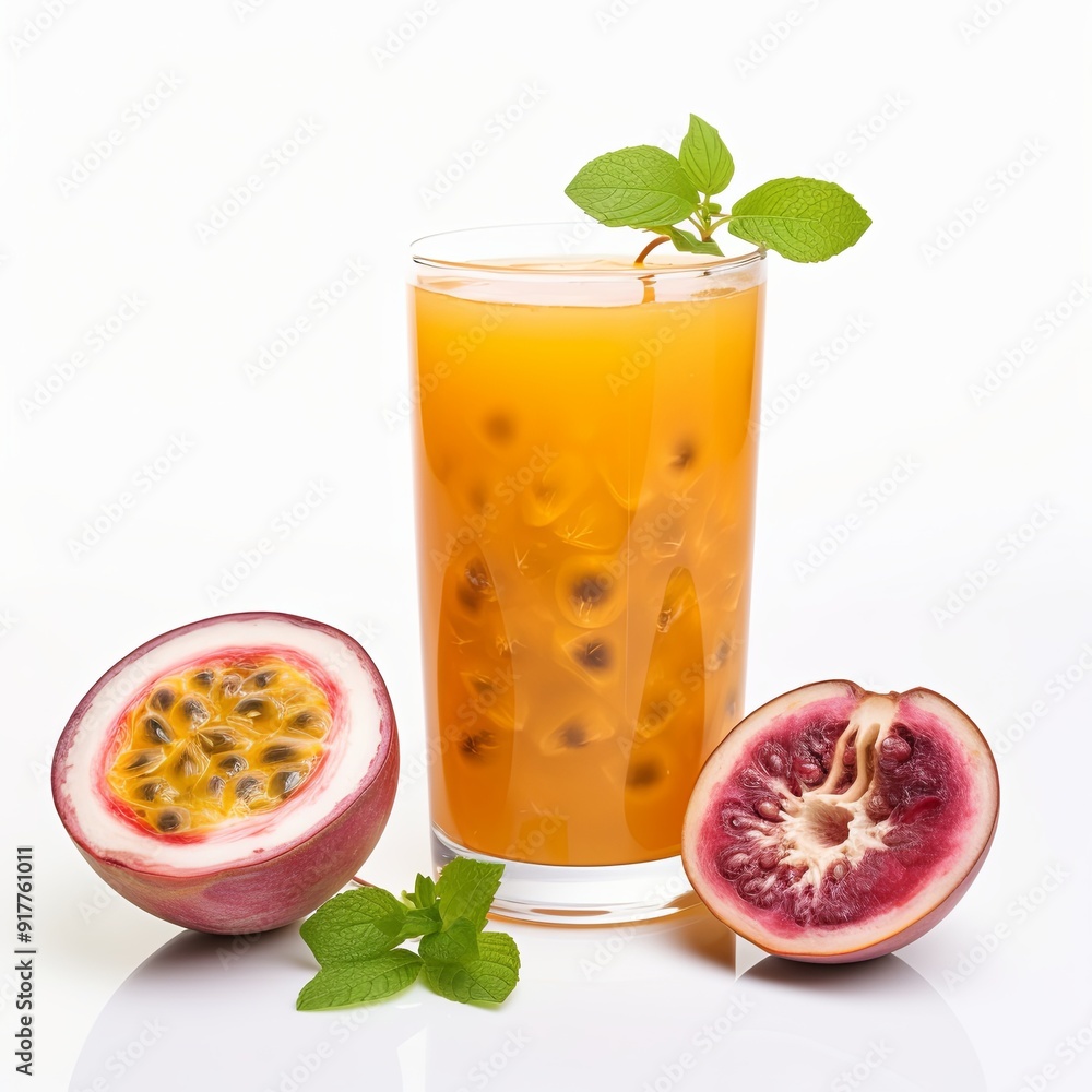 Fototapeta premium Delicious and healthy passion fruit juice is a great source of vitamins and minerals. It is also a good source of antioxidants, which can help protect your cells from damage.