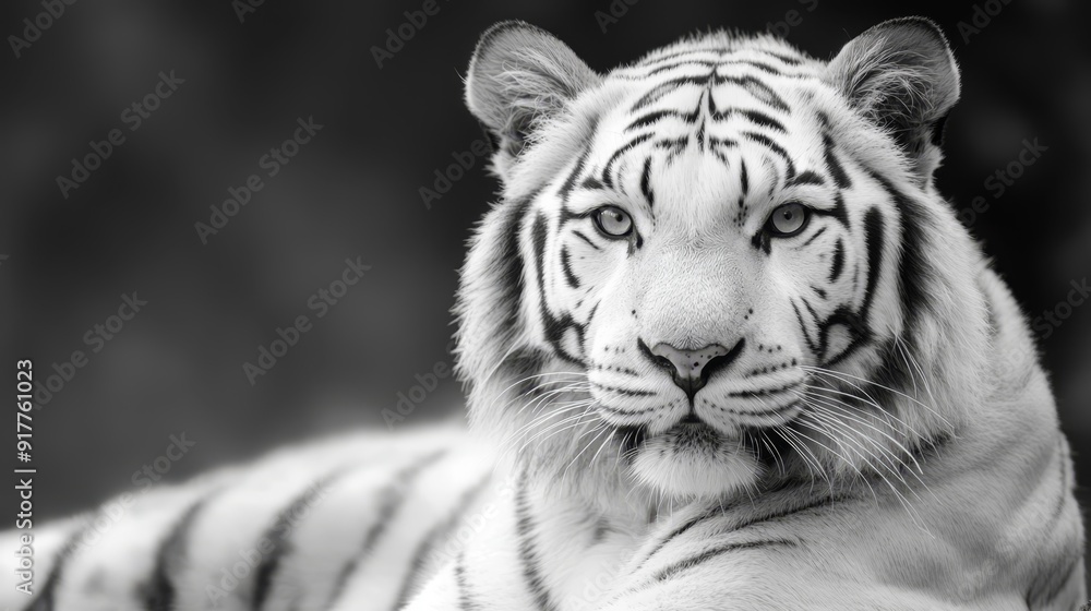 A monochrome image of a white tiger gazing intently at the camera with solemn expression in his eyes A monochrome image of a white tiger gazing intently at the camera with solemn expression in his eyes