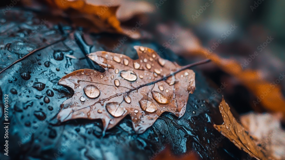 A leaf with water drops on its surface, surrounded by a soft, blurred background A leaf with water drops on its surface, surrounded by a soft, blurred background