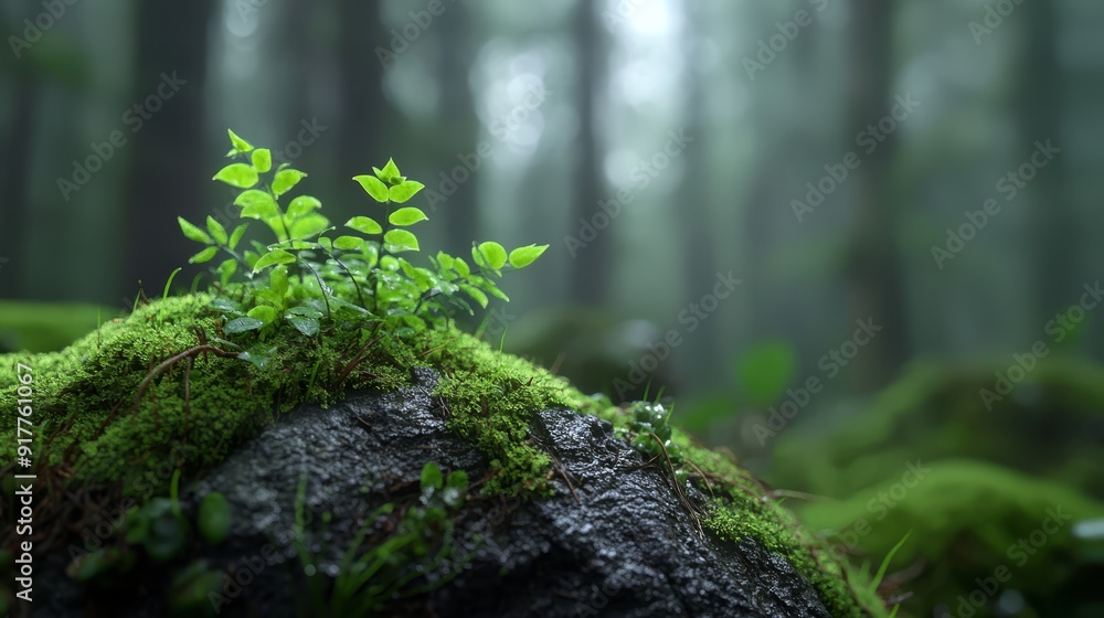 A tiny plant sprouts from a moss-covered stone amidst a forest of tall trees A tiny plant sprouts from a moss-covered stone amidst a forest of tall trees