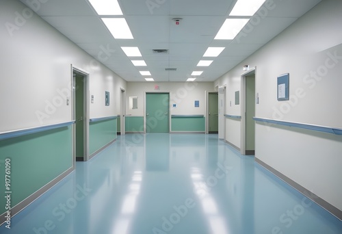 Hospital corridor in hospital. A long, empty hospital corridor with white walls, green trim, and a tiled blue floor. The corridor is well-lit by overhead fluorescent lights