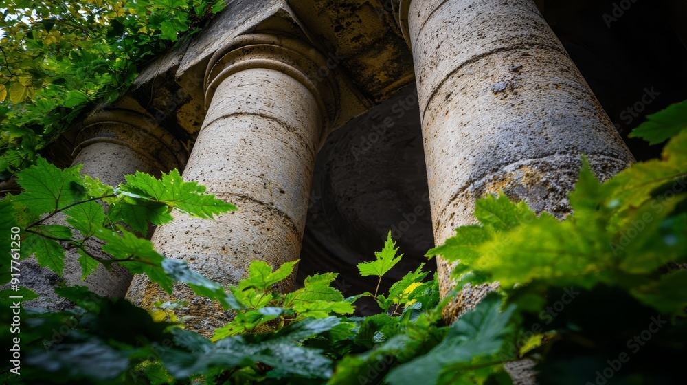 A tight shot of two tree trunks, each adorned with a ring of verdant leaves A tight shot of two tree trunks, each adorned with a ring of verdant leaves
