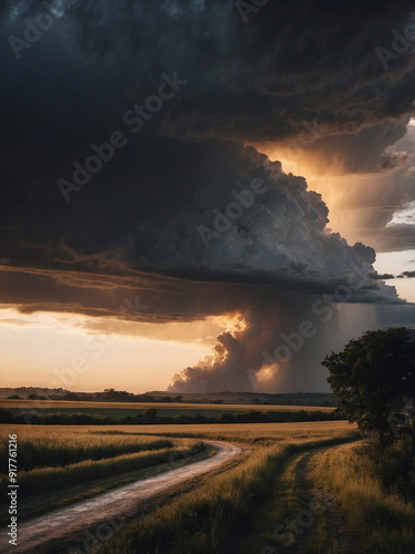 Dramatic Thunderstorm Over Rural Landscape at Sunset