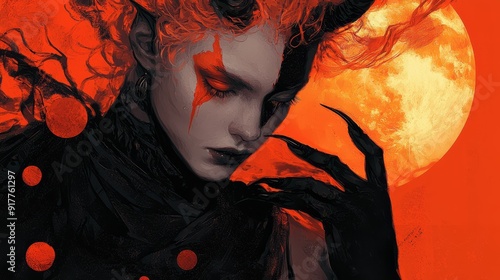  A painting of a red-haired woman with moon's glow on her face, flecked subtly by crimson droplets photo