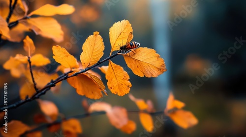  A bee sits on a tree branch, surrounded by yellow leaves in the foreground, while the background softly blurs