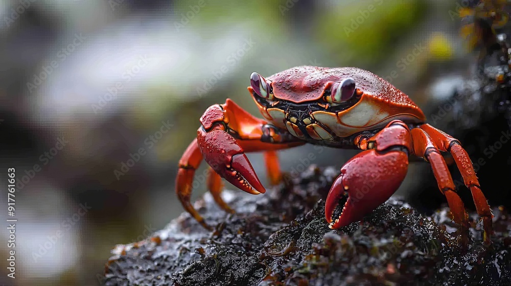 A red and white crab, in focus, perched on a rock Water droplets adorned its back legs A red and white crab, in focus, perched on a rock Water droplets adorned its back legs
