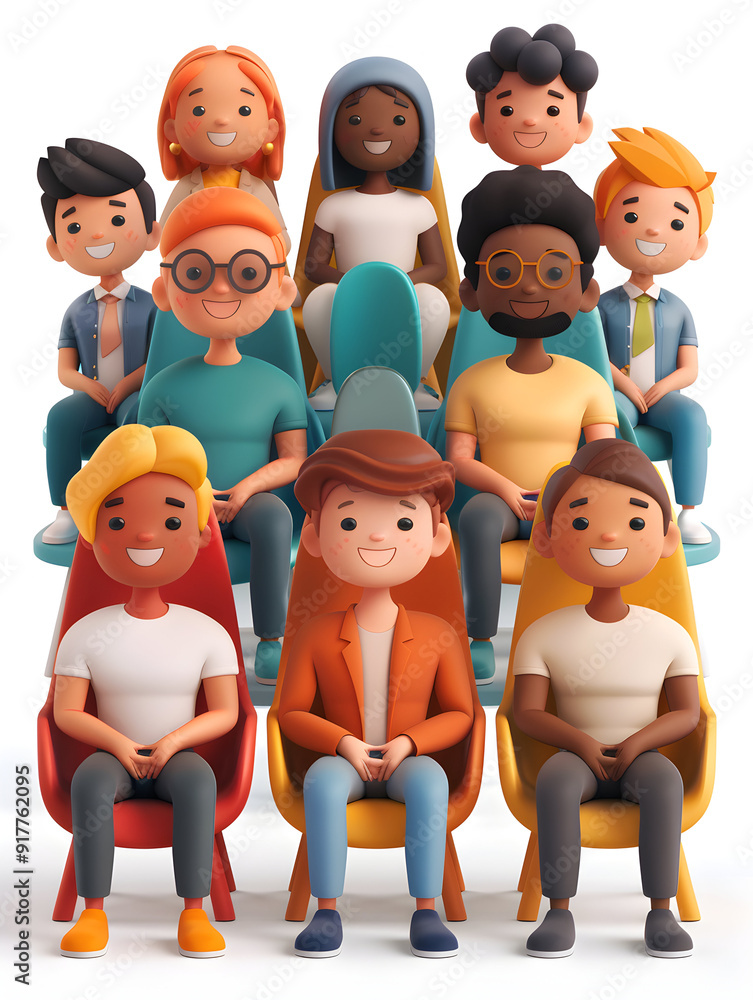 Enchanted Meeting Chairs with Smiling People in Dreamy Background 3D Flat Icon Enchanted Meeting Chairs with Smiling People in Dreamy Background 3D Flat Icon