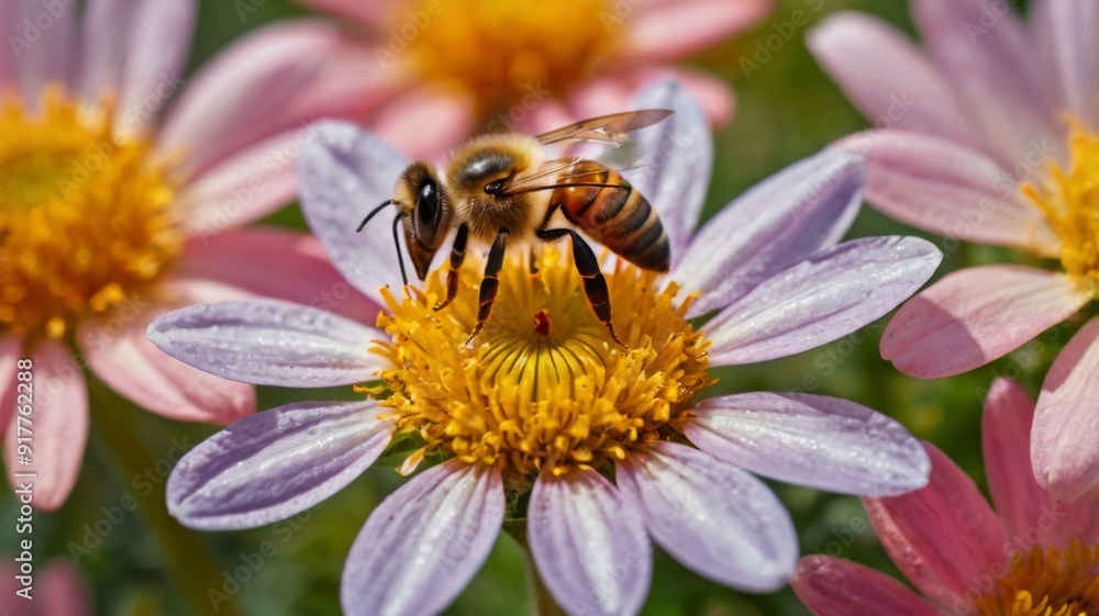 A close-up of a honeybee collecting nectar from a colorful flower, highlighting the beauty of nature A close-up of a honeybee collecting nectar from a colorful flower, highlighting the beauty of nature