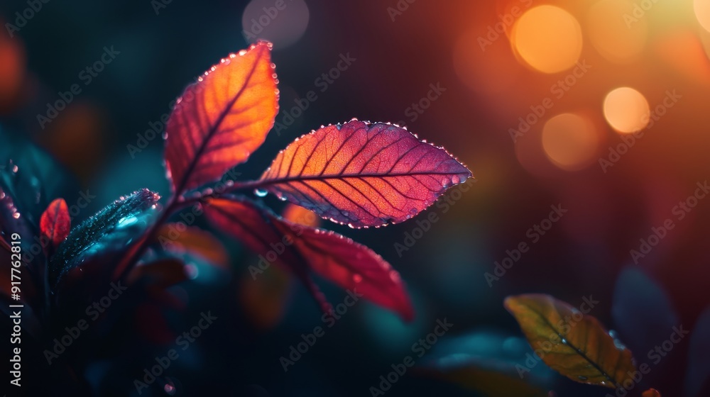 A crisp close-up of a leaf speckled with water droplets, backed by an softly blurred canopy of leaves A crisp close-up of a leaf speckled with water droplets, backed by an softly blurred canopy of leaves
