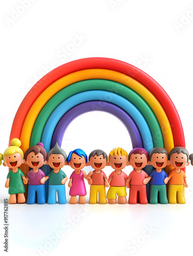 A group of people admiring enchanted rainbows with smiling faces against a whimsical background   3D flat icon concept symbolizing a magical and happy friendly environment | Adobe 