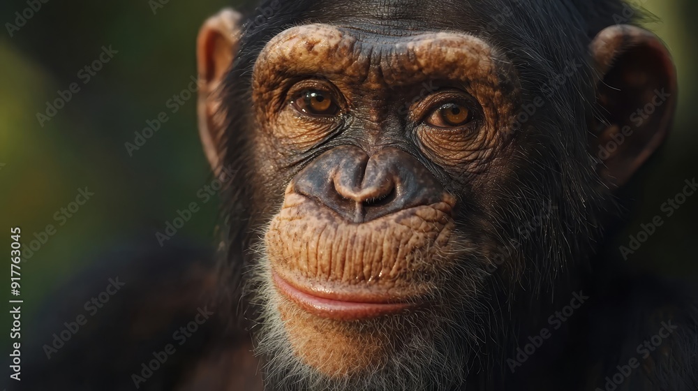 A tight shot of a chimpanzee's face with out-of-focus trees and background trees A tight shot of a chimpanzee's face with out-of-focus trees and background trees