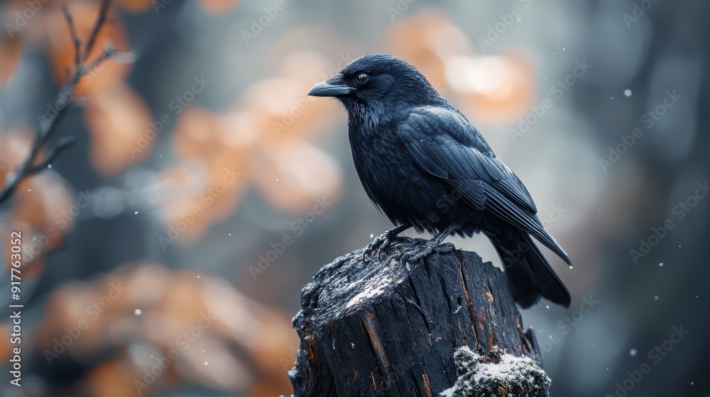 A black bird perches atop a weathered wood post by a tree trunk laden with autumnal leaves, nestled within a snow-covered forest A black bird perches atop a weathered wood post by a tree trunk laden with autumnal leaves, nestled within a snow-covered forest
