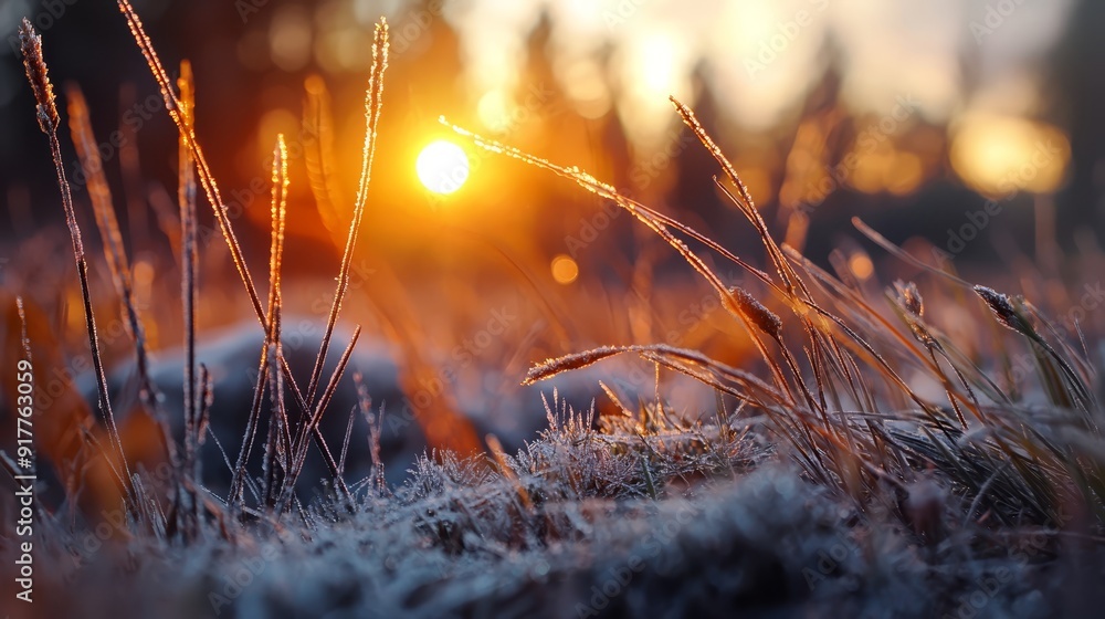 The sun sets behind a frosty grassy expanse, its rays casting long shadows over the ground dotted with ice crystals and green grass in the foreground (38 The sun sets behind a frosty grassy expanse, its rays casting long shadows over the ground dotted with ice crystals and green grass in the foreground (38