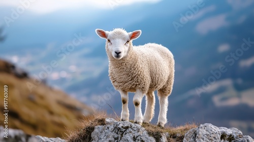  A white sheep atop a grass-covered hill against mountainous backdrops