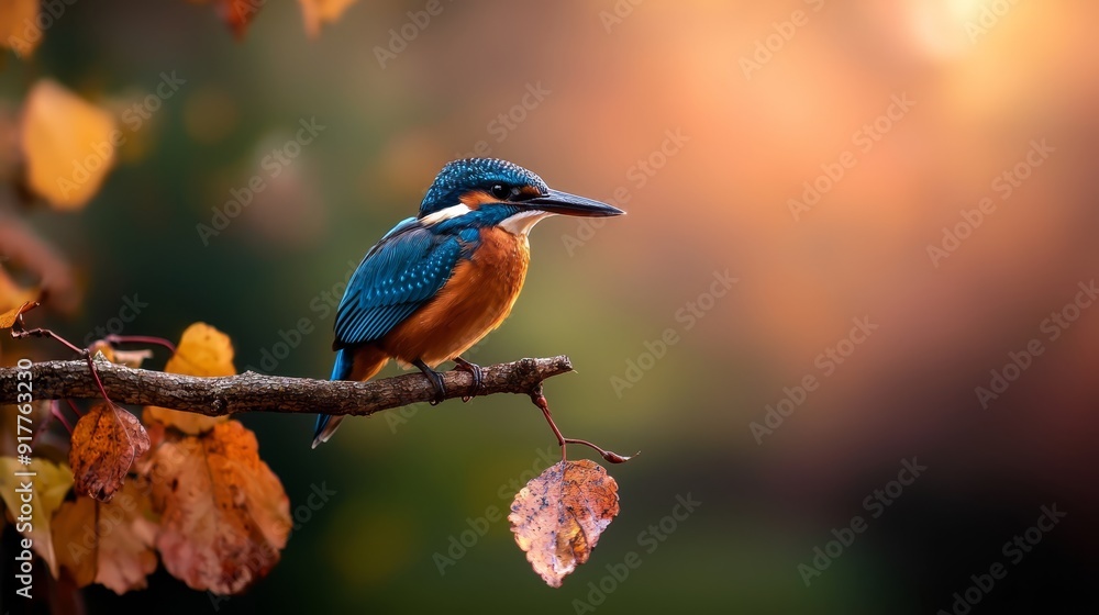 A blue and orange bird perches on a tree branch, surrounded by leaves in the foreground The background is softly blurred A blue and orange bird perches on a tree branch, surrounded by leaves in the foreground The background is softly blurred