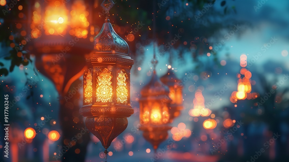 Islamic lantern in mosque, all lantern part in frame. Generative AI. Islamic lantern in mosque, all lantern part in frame. Generative AI.