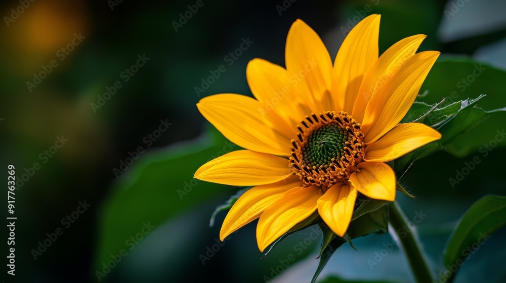 A sunflower in focus with green leaves softly blurred behind A sunflower in focus with green leaves softly blurred behind