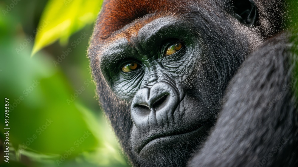 A tight shot of a monkey's face with a leaf near the foreground and dense green foliage behind A tight shot of a monkey's face with a leaf near the foreground and dense green foliage behind