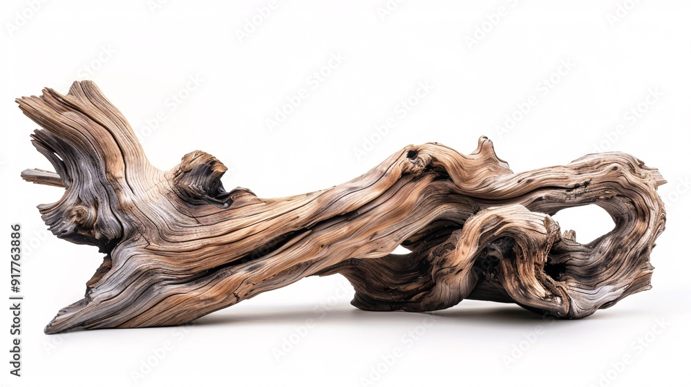 An energetic piece of driftwood with elaborate curves and a sleek surface, set apart. An energetic piece of driftwood with elaborate curves and a sleek surface, set apart.