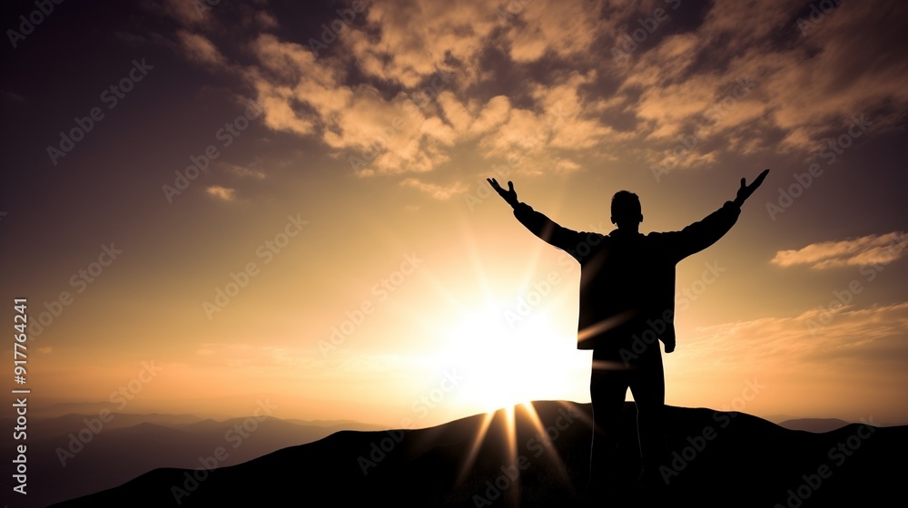 Silhouette of Man with Raised Arms at Sunrise on Mountain Summit Silhouette of Man with Raised Arms at Sunrise on Mountain Summit