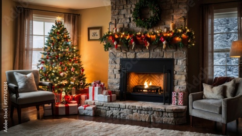 A cozy Christmas scene with a decorated tree, stockings by the fireplace, and wrapped gifts ready to be opened