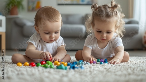 Two babies are playing with a toy car set on a carpet