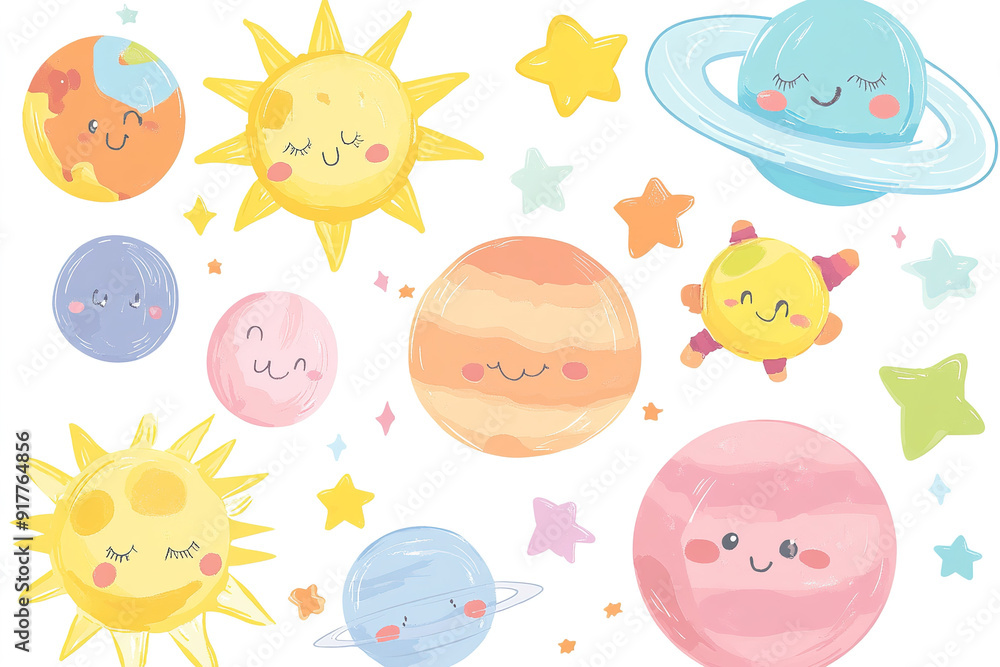 Charming Kawaii Vector Art Featuring Planets, Sun, and Stars in Pastel Colors, Perfect for Baby Room Decor, Stickers, and Wallpaper Prints on White Background Charming Kawaii Vector Art Featuring Planets, Sun, and Stars in Pastel Colors, Perfect for Baby Room Decor, Stickers, and Wallpaper Prints on White Background
