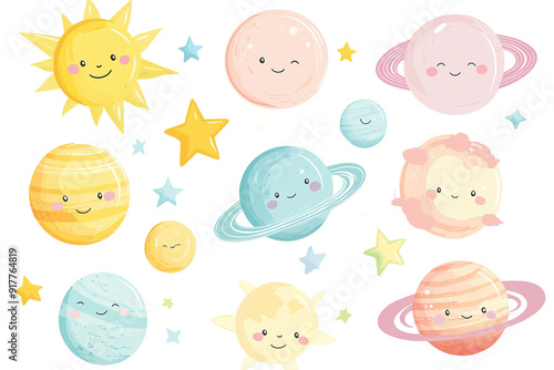 Charming Kawaii Vector Art Featuring Planets, Sun, and Stars in Pastel Colors, Perfect for Baby Room Decor, Stickers, and Wallpaper Prints on White Background