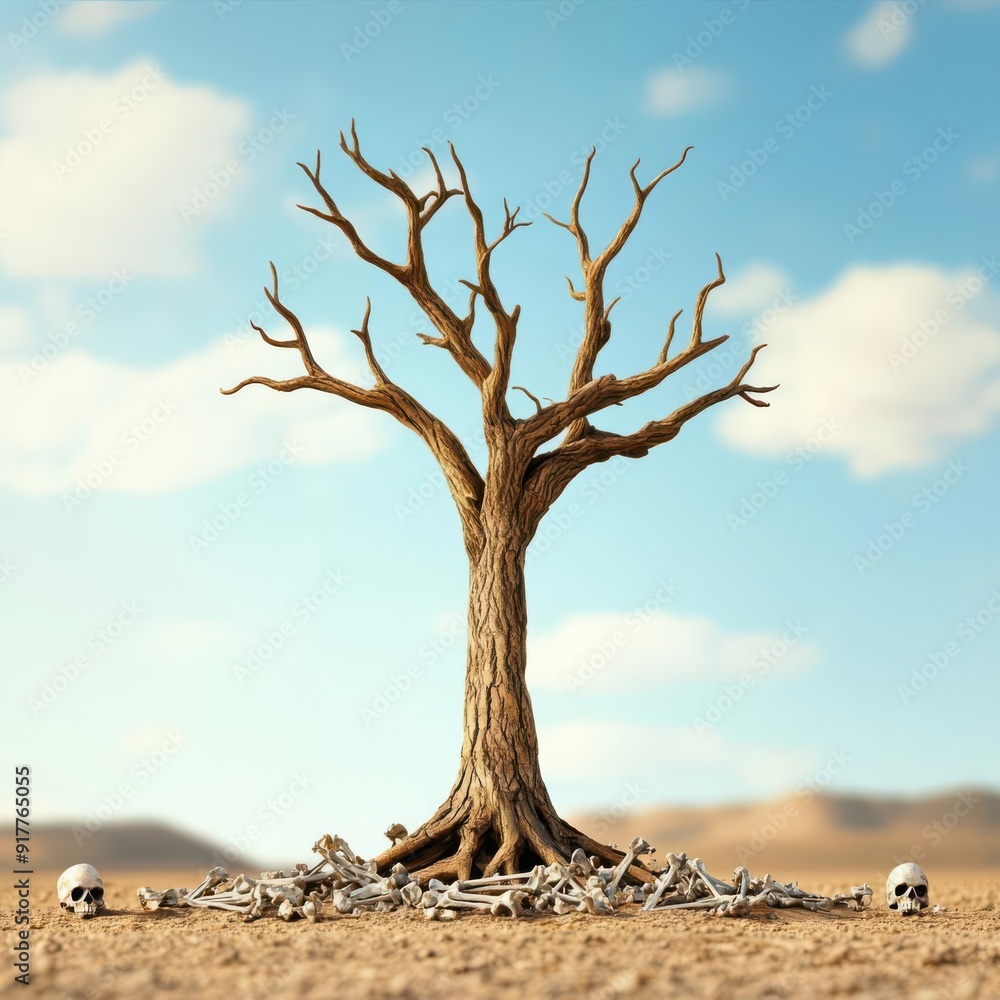 A hauntingly beautiful dead tree stands in a desert landscape, surrounded by bones and skulls, symbolizing desolation and decay. A hauntingly beautiful dead tree stands in a desert landscape, surrounded by bones and skulls, symbolizing desolation and decay.