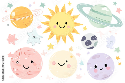 Kawaii Vector Collection of Cute Planets, Sun, and Stars in Pastel Colors, Ideal for Baby Room Decor, Stickers, and Wallpaper, Set on White Background

