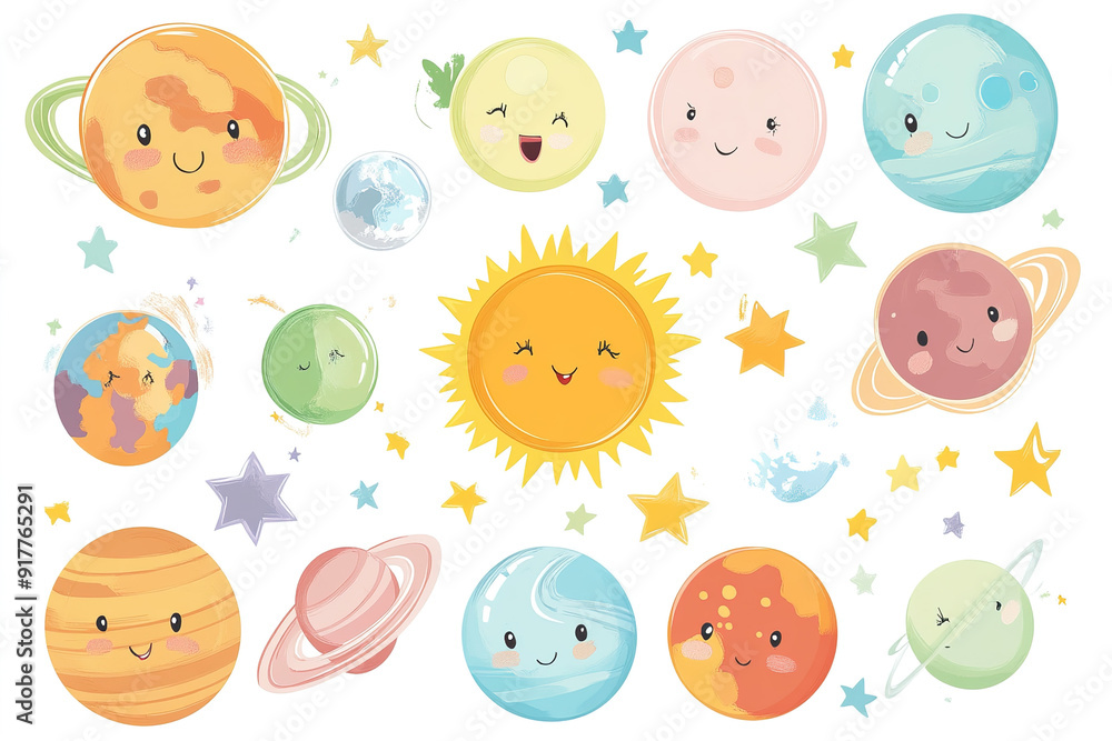 Adorable Kawaii Style Vector Art of Planets, Sun, and Stars in Pastel Colors, Isolated on White Background for Baby Room Wallpaper or Sticker Design Adorable Kawaii Style Vector Art of Planets, Sun, and Stars in Pastel Colors, Isolated on White Background for Baby Room Wallpaper or Sticker Design