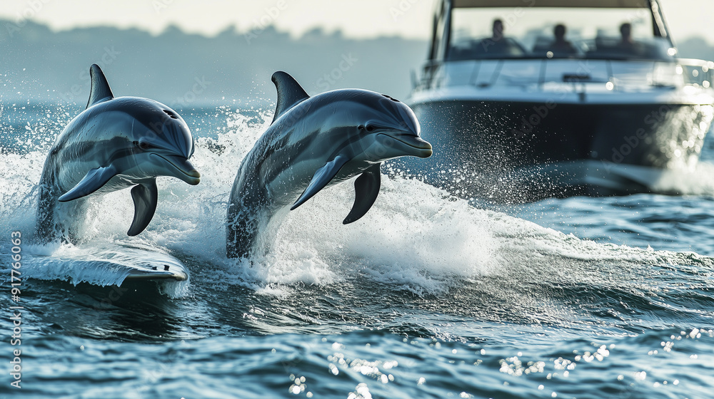 Obraz premium Group of Dolphins Surfing Near a Boat
