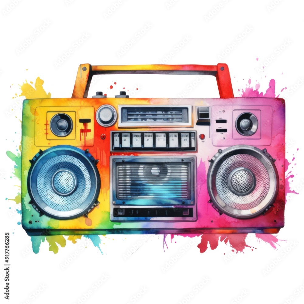 Fototapeta premium Vibrant Watercolor Boombox Illustration with Rainbow Colors and Retro Design, Perfect for Music and Art Lovers