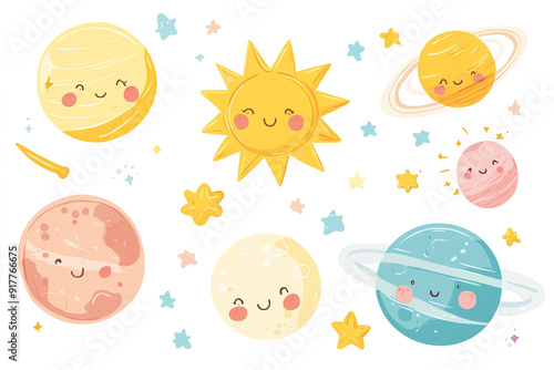 Vector Illustration of Cute Planets, Sun, and Stars in Pastel Kawaii Style on White Background, Perfect for Baby Room Decorations and Wallpaper Prints