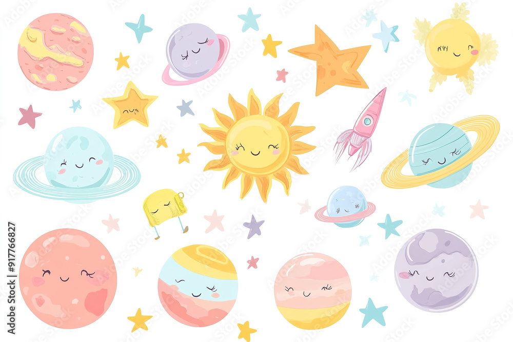 Vector Illustration of Cute Planets, Sun, and Stars in Pastel Kawaii Style on White Background, Perfect for Baby Room Decorations and Wallpaper Prints Vector Illustration of Cute Planets, Sun, and Stars in Pastel Kawaii Style on White Background, Perfect for Baby Room Decorations and Wallpaper Prints