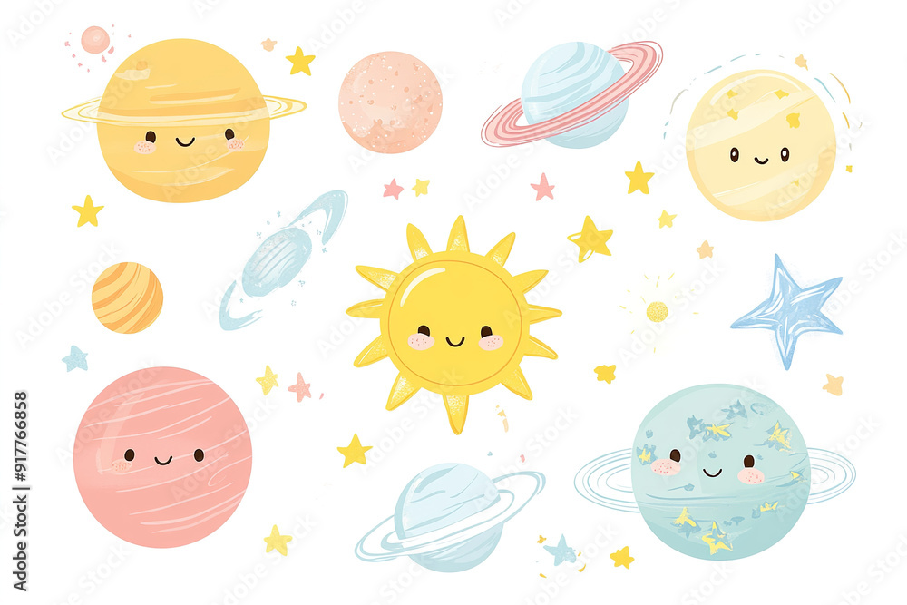Vector Illustration of Cute Planets, Sun, and Stars in Pastel Kawaii Style on White Background, Perfect for Baby Room Decorations and Wallpaper Prints Vector Illustration of Cute Planets, Sun, and Stars in Pastel Kawaii Style on White Background, Perfect for Baby Room Decorations and Wallpaper Prints