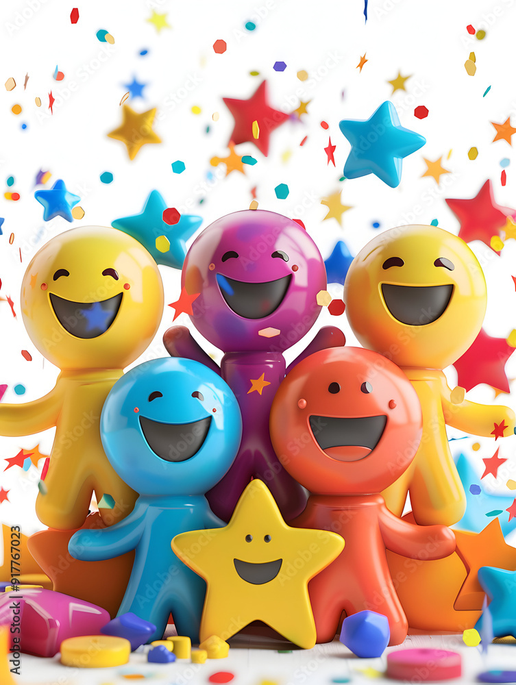 Creative 3D Flat Icon: People Celebrating with Sparkling Achievement Awards in a Fantastical Setting for Employee Evaluation Success on Isolated White Background Creative 3D Flat Icon: People Celebrating with Sparkling Achievement Awards in a Fantastical Setting for Employee Evaluation Success on Isolated White Background
