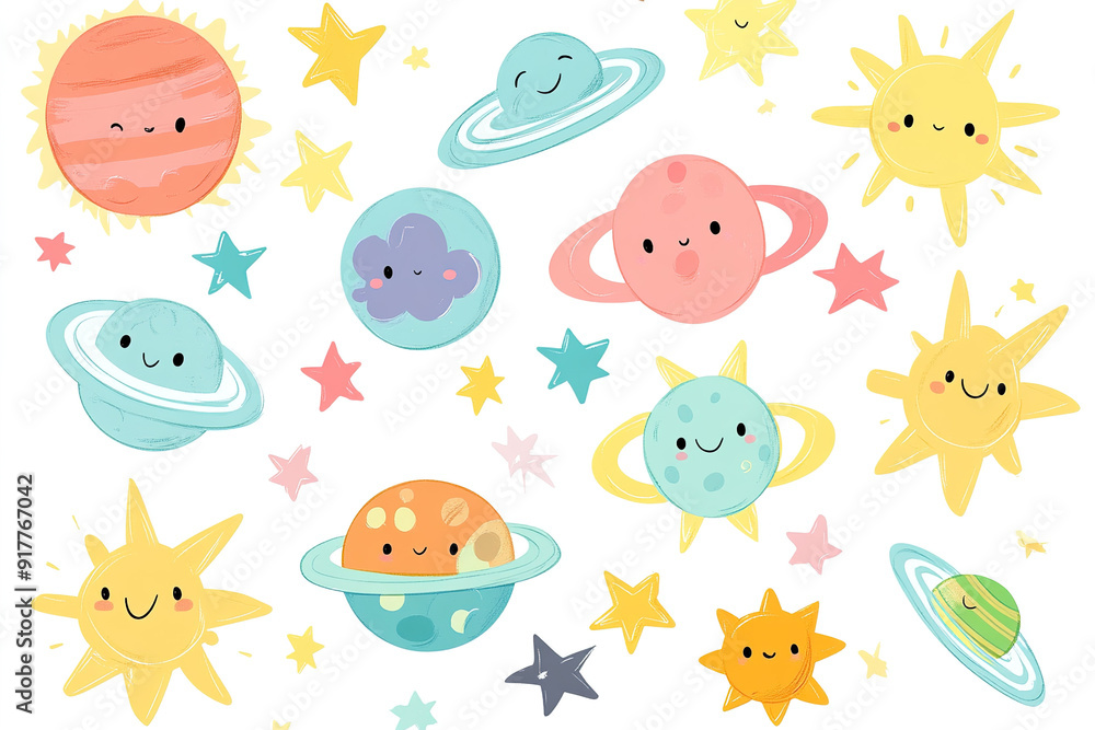 Charming Kawaii Vector Illustration of Planets, Sun, and Stars in Soft Pastel Colors, Great for Decorating a Baby’s Room or Creating Stickers, White Background Charming Kawaii Vector Illustration of Planets, Sun, and Stars in Soft Pastel Colors, Great for Decorating a Baby’s Room or Creating Stickers, White Background
