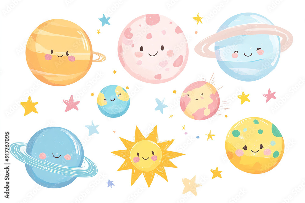 Charming Kawaii Vector Illustration of Planets, Sun, and Stars in Soft Pastel Colors, Great for Decorating a Baby’s Room or Creating Stickers, White Background Charming Kawaii Vector Illustration of Planets, Sun, and Stars in Soft Pastel Colors, Great for Decorating a Baby’s Room or Creating Stickers, White Background
