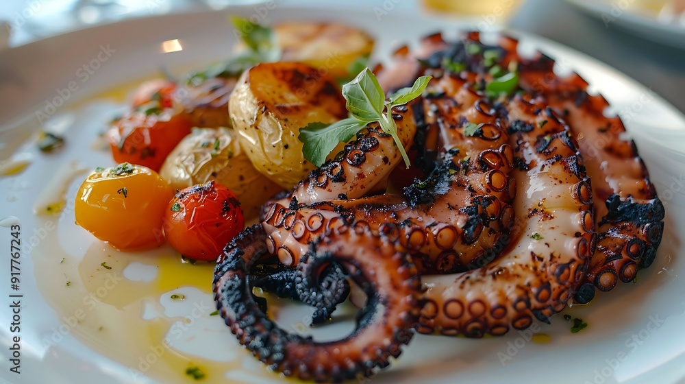 Elegant Presentation of Grilled Octopus with Roasted Potatoes and Lemon Vinaigrette Highlighting the Savory Delights of Mediterranean Cuisine on a Fine White Plate Elegant Presentation of Grilled Octopus with Roasted Potatoes and Lemon Vinaigrette Highlighting the Savory Delights of Mediterranean Cuisine on a Fine White Plate
